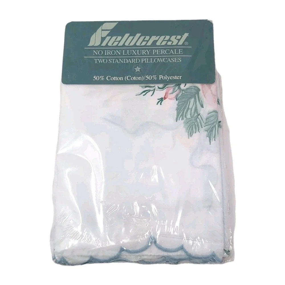 VTG Fieldcrest Cottage Rose Full Sheet Set Scalloped White Pink Blue 4pc NEW USA